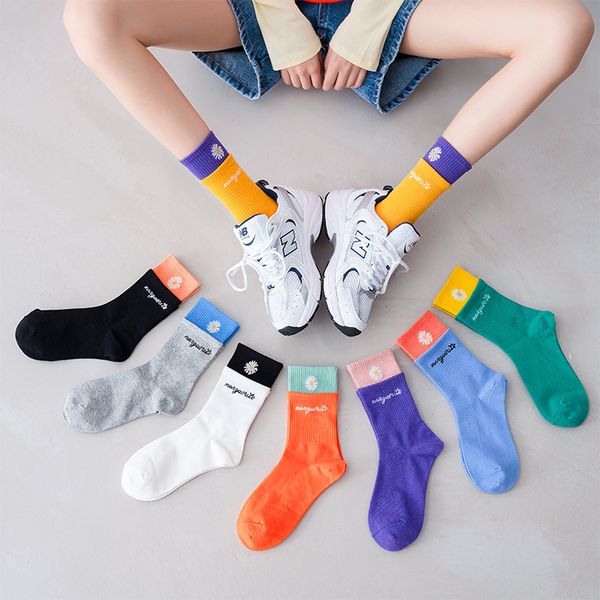 

women's socks in winter double rib mouth small daisy cotton women's socks candy color pure korean new c0224, Black
