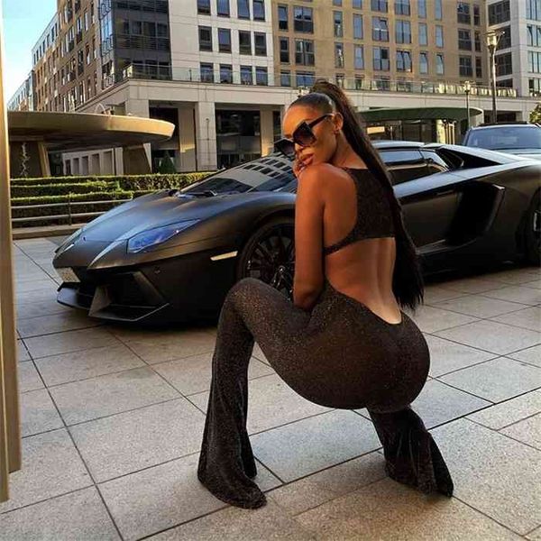 

anjamanor glitter sheer mesh black jumpsuits for women bell bottoms backless club outfit summer rompers d85-cz17, Black;white