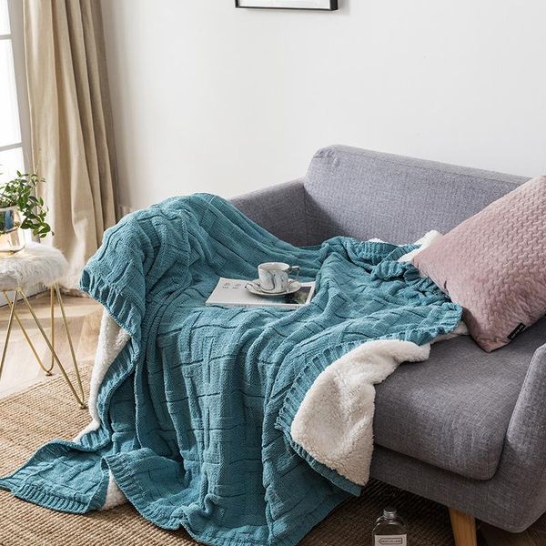 

blankets winter warm flannel pure color knitted woolen blanket double thicken quilt lamb velvet decorative bedding coral fleece