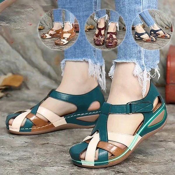 

sandals 2021 summer women hook&loop thick sole women's flat beach shoes buckle gladiator slip-on non-slip ladies, Black