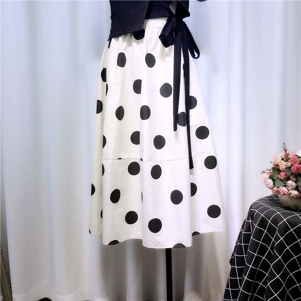 

skirts 2021 korea-style black polka dot medium-long for women all-match elastic waist mid-calf skirt