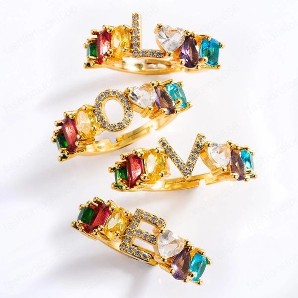 Personalizado Ajustável AN-Z ANO CRISTAL BOHO Cobre Zircon Rainbow Letter Rings Para As Mulheres Meninas Party Wedding Jóias