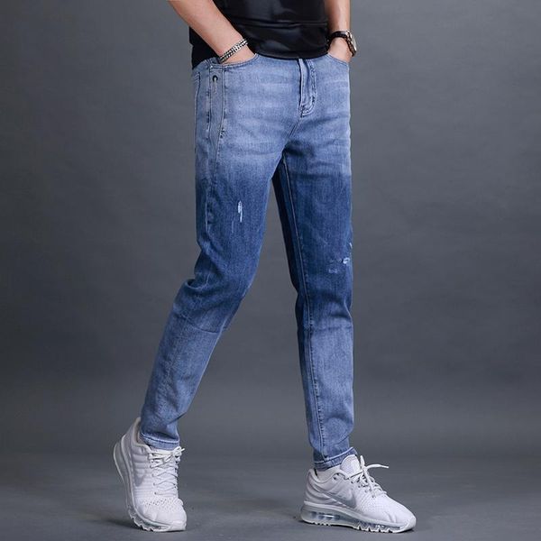 

men's jeans men male trousers summer simple design casual ripped slim fit denim pants, Blue