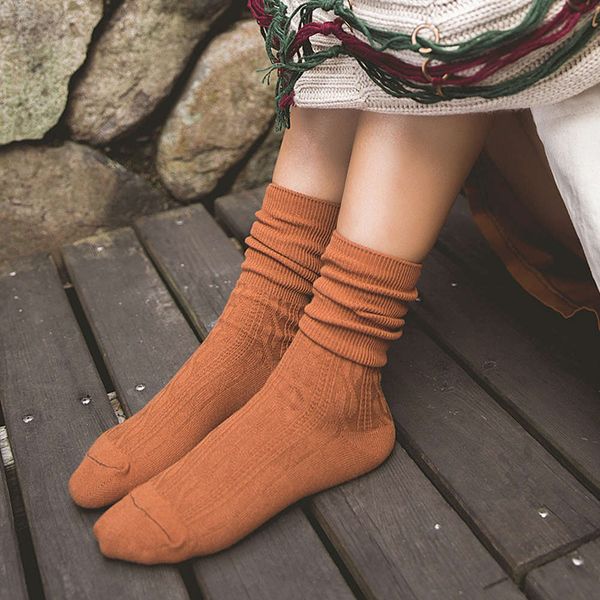 

tea new pure color pile original sufeng loose middle tube cotton fashion women socks, Black;white
