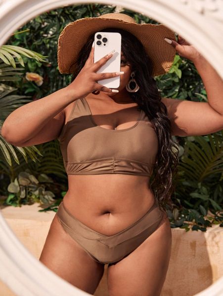 

plus plain ruched bikini swimsuit e90i#, Black