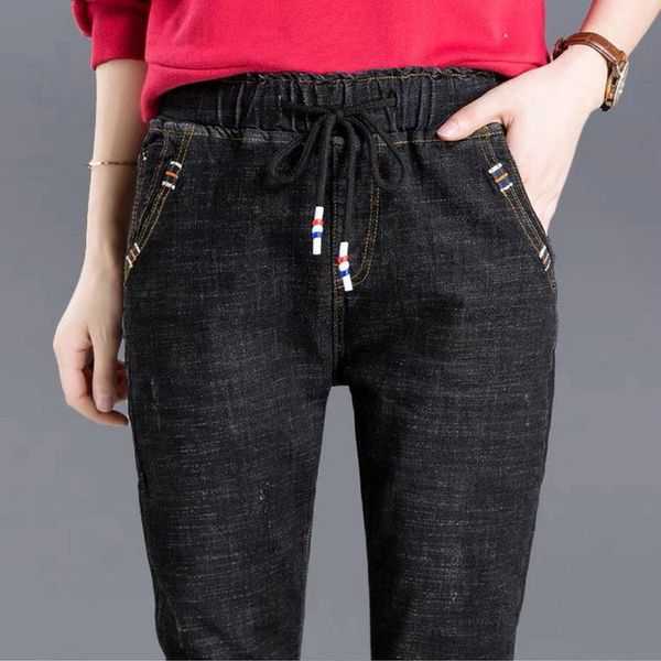 

women's jeans elastic waist denim woman skinny full length high wasited summer pants 2021 casual minimalist large size trousers, Blue