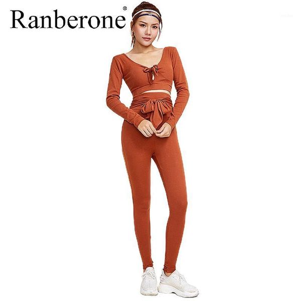

yoga outfits ranberone set v-neck quick drying women gym clothes high stretch long sleeve fitness suit workout women's tracksuit 20211, White;red