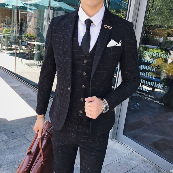 

fashion men's single row one buckle stripe pieces set slim fit british gentleman costume homme marriage suit bntz, White;black