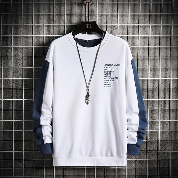 2021 Nova Chegada Primavera Outono Crewneck Sweatshirt Hip Hop Colorblock Side Stripe O-pescoço Camisa Moda Roupas Homens Skate Y0816