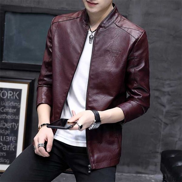 

leather jacket male slim spring fashion zipper pockets leather men's jacket pure color leisure qzq811 4xl 211008, Black