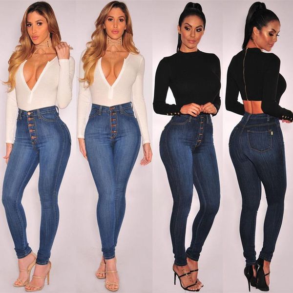 

women jeans stretch high waist denim skinny slim fit trousers fashion casual daily skinny button up high street pencil bottoms, Blue