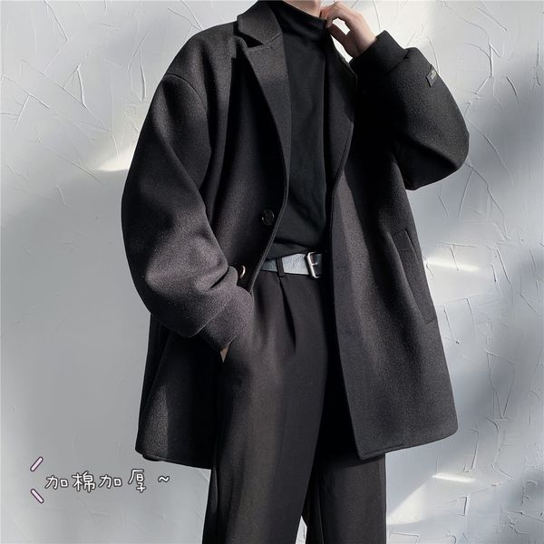 

2021 new men's suit collar woolen blends loose windbreaker cashmere long wool trench coats snow jackets in warm 3 color parkas m-2xl d7, Black