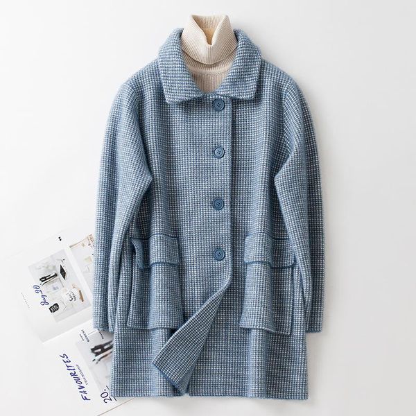 

women's wool & blends coat factory woolen female mid-length 2021 autumn and winter houndstooth, Black