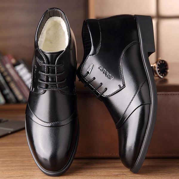 

boots 2021 winter men fashion fur warm men's business office formal leather plush dress shoes for 38-46, Black