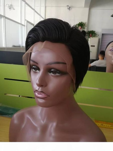 

wholesale peruvian pixie cut short human hair lace front wigs for black women peruvian straight bob lace front wigs with baby hair, Black;brown