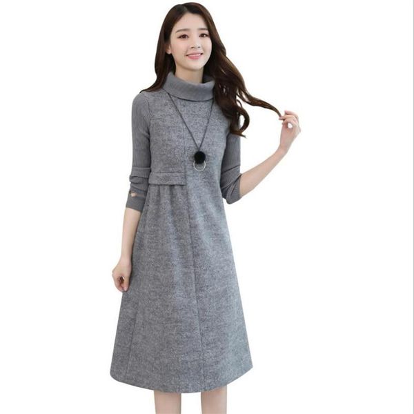 

casual dresses ladies woolen dress for women knit long sleeve turtleneck elegant a-line thick autumn winter plus size midi e441, Black;gray