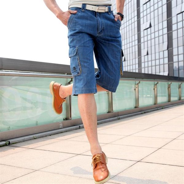 

fashion summer hipster streetwear jeans men's casual knee length denim shorts multi-pockets lightweight short jogger pants male, Blue
