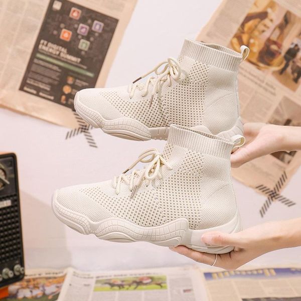

boots women sock 2021 autumn knittings elastic short ankle lace up woman stretch casual shoes 8h59, Black