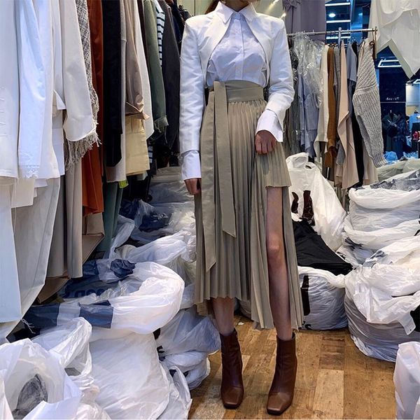 

sashes irregular spring mid 2021 calf women pleated skirt khaki vintage high waist casual s female faldas, Black