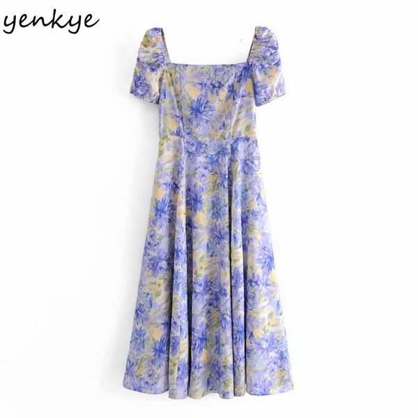 

2021 new sweet women multicolor ink print elegant square neck short sleeve a-line midi summer party vestido zk3a, Black;gray
