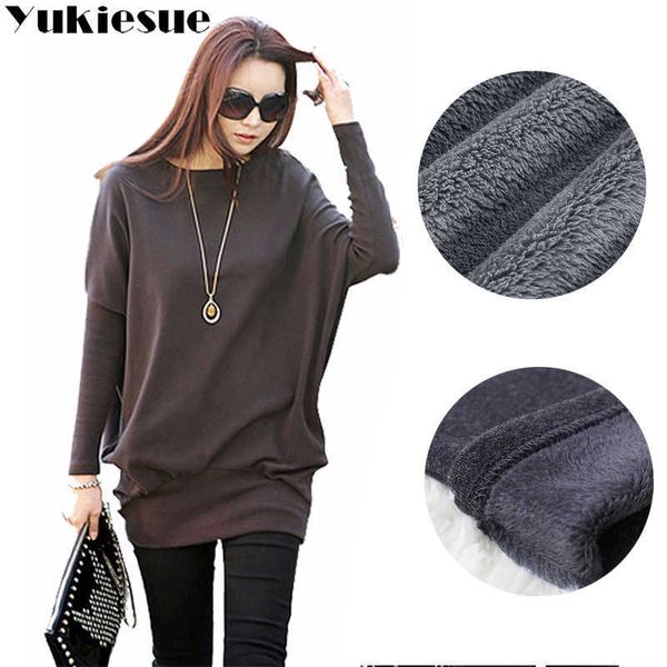 Koreanischer Stil Frauen Winter Warme Fleece T-Shirt Plus Größe Baumwolle T-Shirt Batwing Langarm Niedliche Wear Oversizse T-Shirt 210608