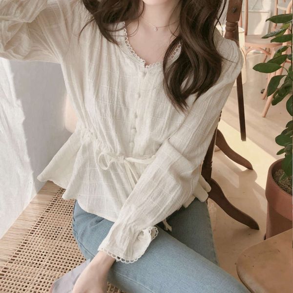 

2021sweet chiffon with waist lace long sleeve v-neck t-shirt, White