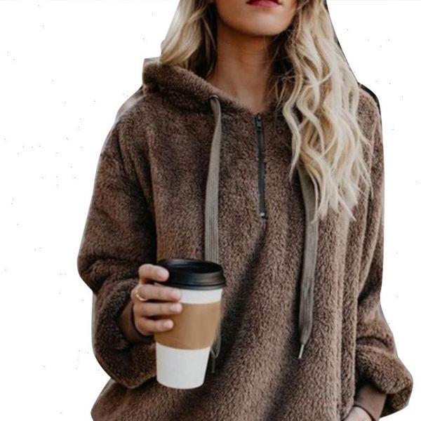 

plus size winter solid color 1 4 zip up fluffy hoodies women hooded sweatshirt womens autumn and winter casual warm jacket, Black