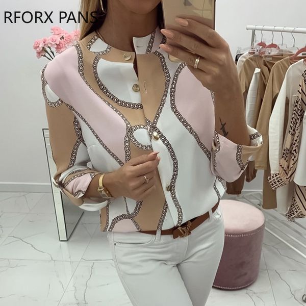 

women's t-shirt chains print button design casual blouse shirt, White