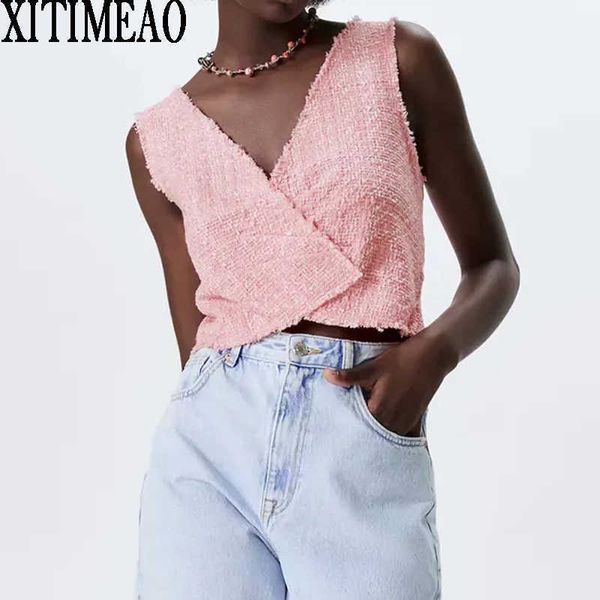 

za women sweet fashion cropped pink blouses vintage backless female shirts v-neck short vest chic 210602, White