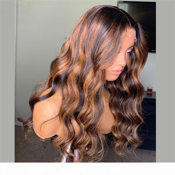 

highlight t part lace wig bleached knots with baby hair body wave colored 13x4 lace part wig ombre human hair for women, Black;brown