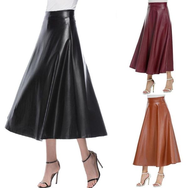 

skirts womail fashion casual women's solid leather skirt elegant long high waist zipper retro a-line pleated mujer faldas, Black