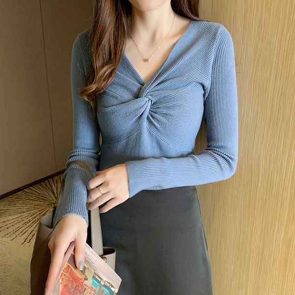 

2021 new long sleeve cross knitted casual plain solid underwear tees v-neck t-shirts women autumn 16gl, White