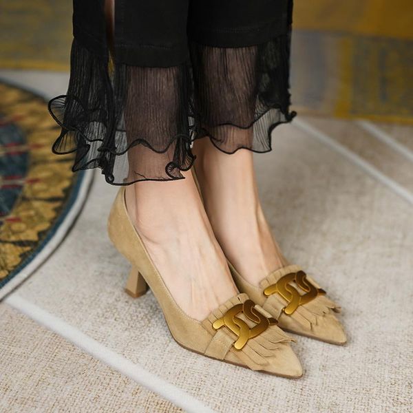 

dress shoes 2021 summer style french high heels retro tassel pointed shallow mouth, Black