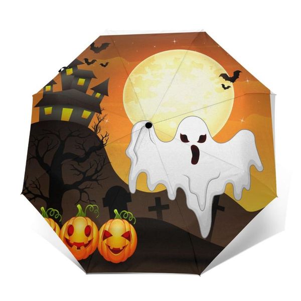 

umbrellas wind resistant fully-automatic umbrella halloween ghost design rain 3 folding parasol travel car