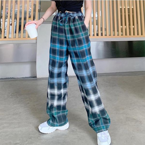 

women's pants & capris ly varey lin summer women fashion gradient plaid elastic high waist female street loose straight wide leg, Black;white