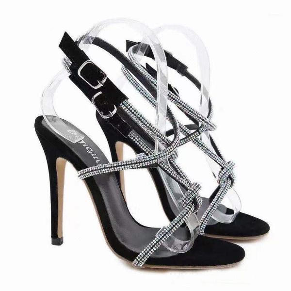 

sandals fashion women glitter rhinestone ankle buckle strap open toe elegant high heels summer party shoes1, Black