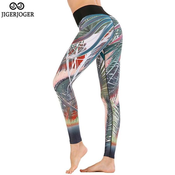 

jigerjoger women's yoga leggings sport tropical leaf print green joggers women pants gym fitness elastic high waist plus size, White;red