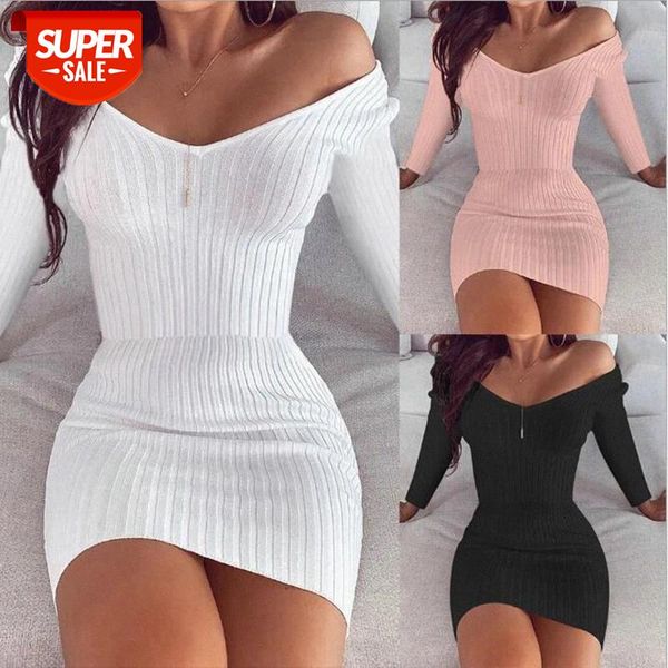 

2020 autumn women bodycon dress solid v-neck long sleeve slim rib knitted mini dresses thin pink black white dress vestidos #o33h, White;black