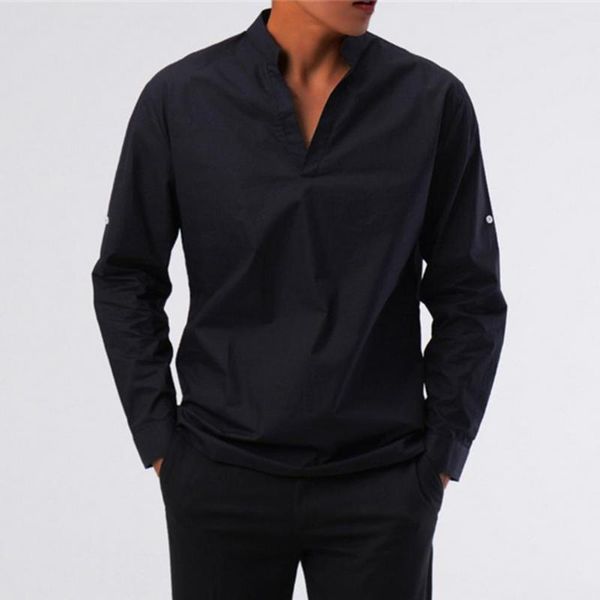 

men's casual shirts fashion long sleeve male shirt v neck solid color stand collar men streetwear, White;black