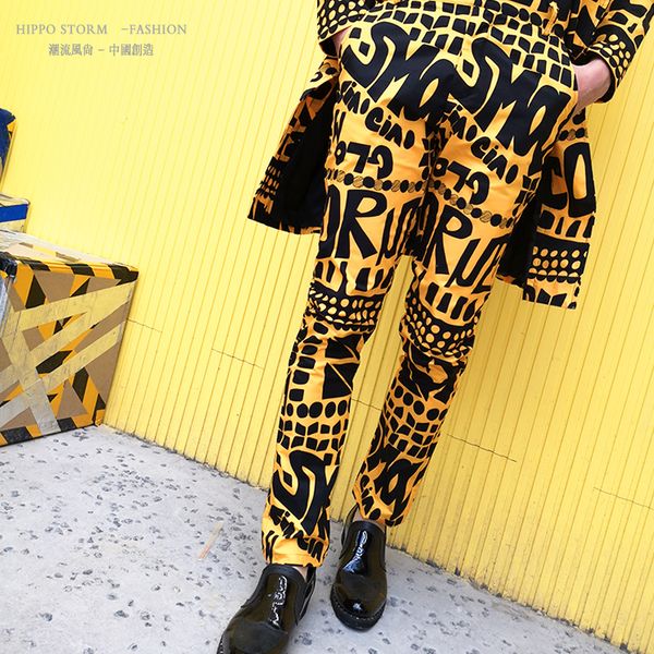 

mens fashion yellow letter floral printed suit trousers bar nightclub stage singer dj male hip hop casual pants slim fit pants, Black;red