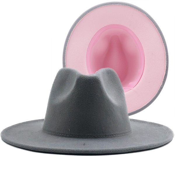 

simple outer gray inner pink wool felt jazz fedora hats with thin belt buckle men women wide brim panama trilby cap, Blue;gray