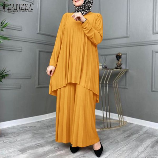 

ethnic clothing zanzea women muslim sets islamic plain suits morocco turkish pleated full sleeve wide legs long pants oversized, Red