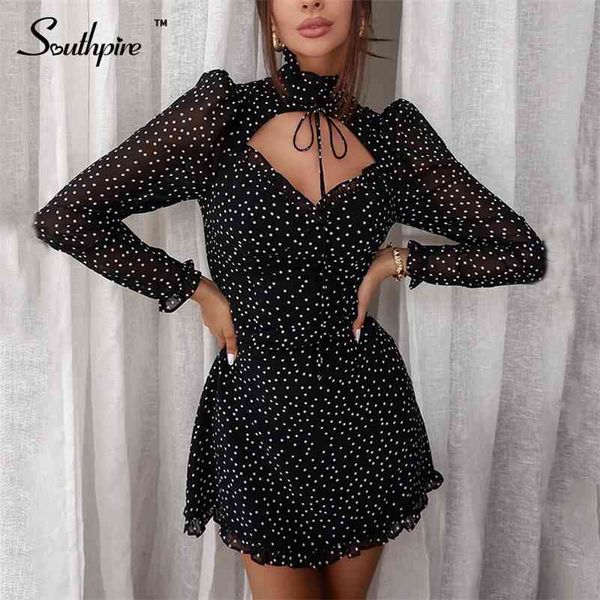 

southpire lace up v-neck day mini dress women's black polka dot chiffon party dress vintage elegant daily clothes female 210719, White;black