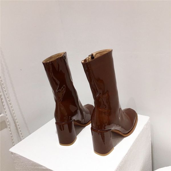 

2021 new patent leather women motorcycle shoes round toe mid-calf boots autumn winter high heels botas mujer size 41 0gwf, Black