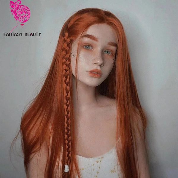 # 360 cobre vermelho laranja lace dianteira perucas sintéticas longas parte reta parte livre metade mão amarrada substituição sintética sintetics wig wig