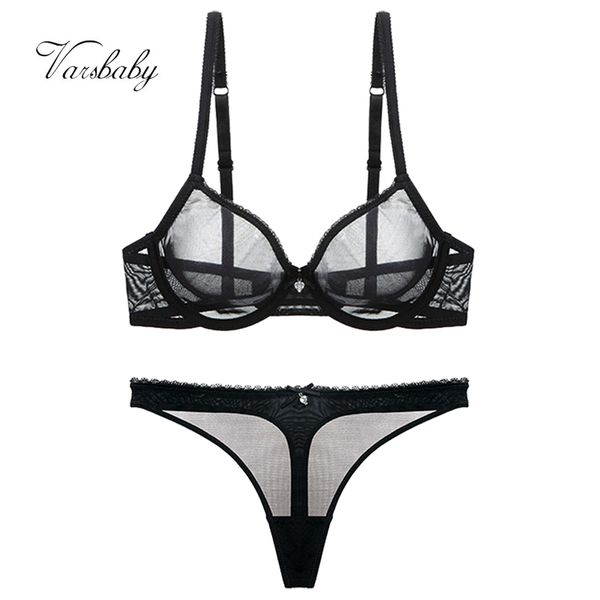 

varsbaby lace unlined underwear set solid transparent three quarters yarn thong plus size bra set, Red;black