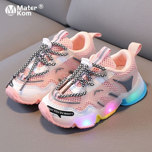 Tamanho 21-30 Meninos LED Anti-Slippery Sneakers Crianças Luminous Luminous Sneakers Meninas Respirável Soft Softing Shoes 210308