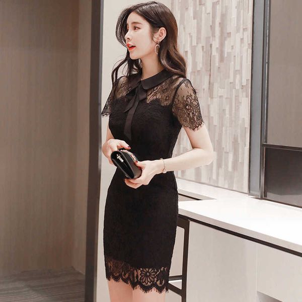 

summer 2021 women's sweet bow slim lace black short sleeve drs 3053