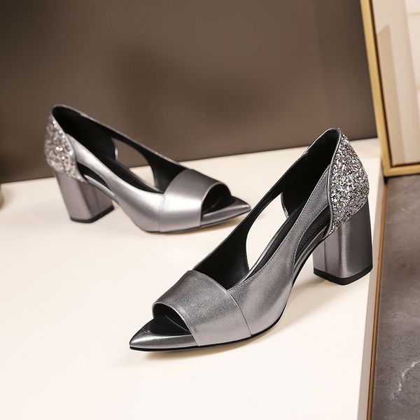 

womens genuine leather sequined cloth patchwork slip-on pumps thick high heel peep toe elegant ladies ol style dress shoes sale, Black