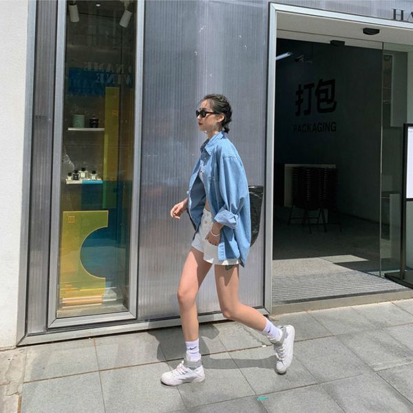 

2021 new women's long sleeve denim shirt, retro hong kong style, loose, multi-functional, spring and autumn season, korea y4nm, White